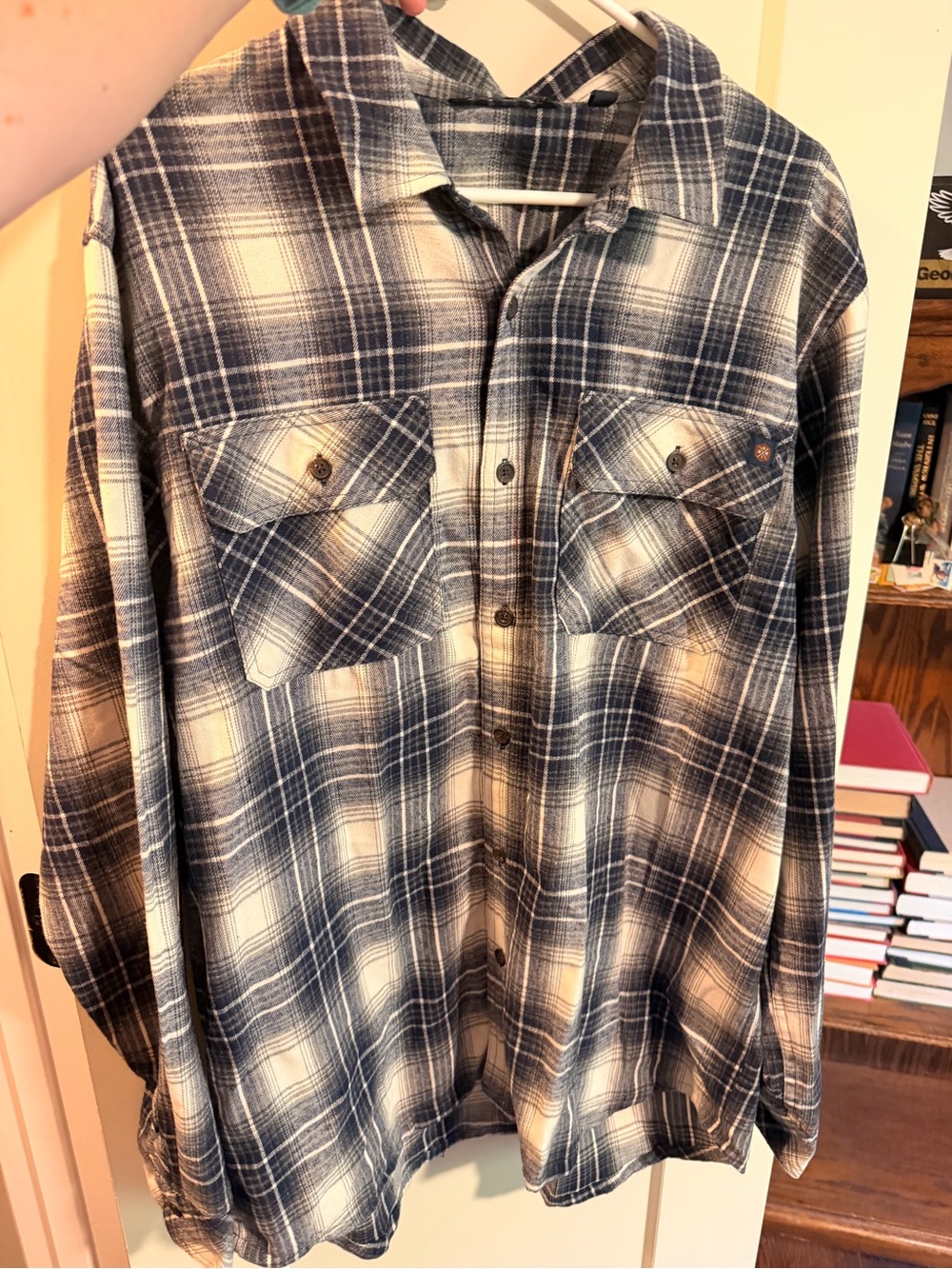 Men's Blue and White Plaid Button-Down Shirt